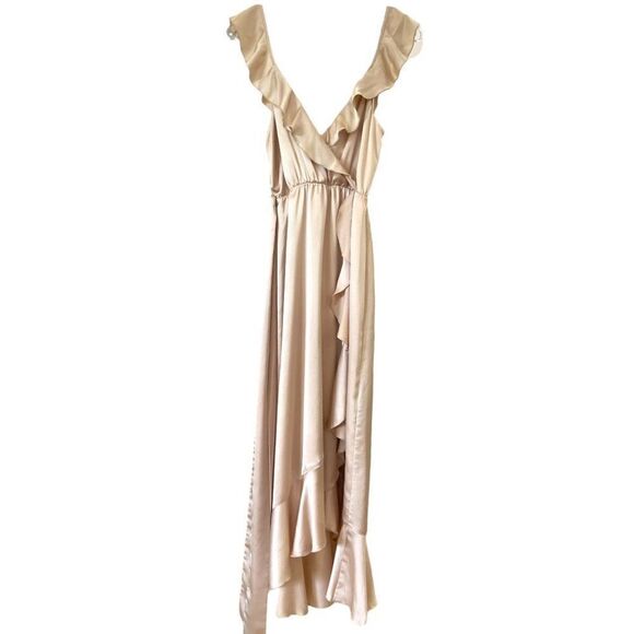 Show Me Your Mumu Samantha Ruffle Wrap Dress in Champagne Luxe Satin NEW Small - Picture 6 of 16